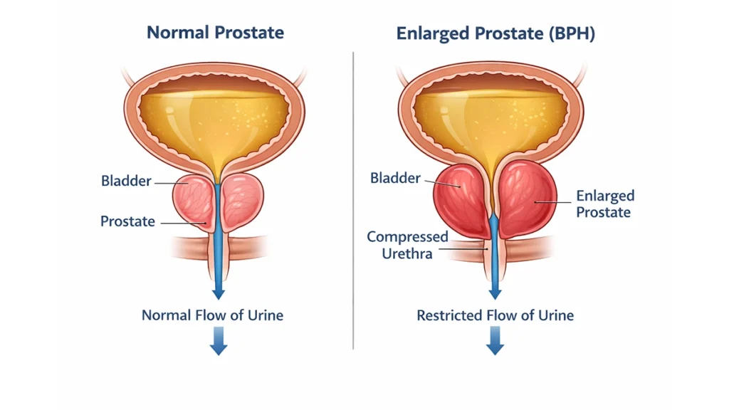 Illustration of a normal prostate and an enlarged prostate