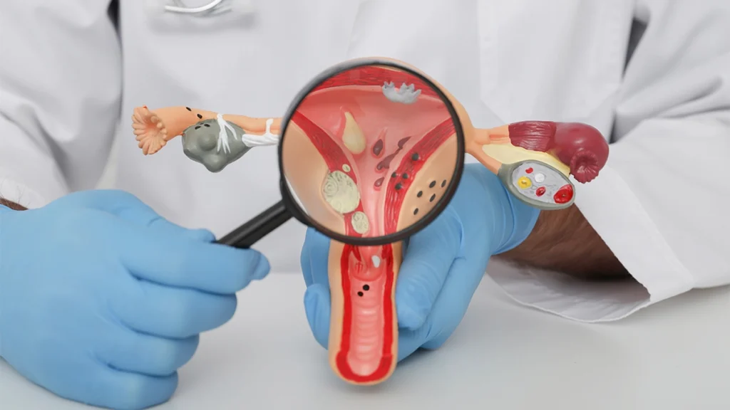 Uterus anatomy model with magnifying glass examining